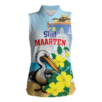 Personalized Sint Maarten Women Sleeveless Polo Shirt Brown Pelican With Yellow Sage - Wonder Print Shop