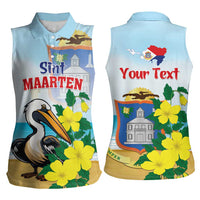 Personalized Sint Maarten Women Sleeveless Polo Shirt Brown Pelican With Yellow Sage - Wonder Print Shop