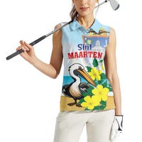 Personalized Sint Maarten Women Sleeveless Polo Shirt Brown Pelican With Yellow Sage - Wonder Print Shop