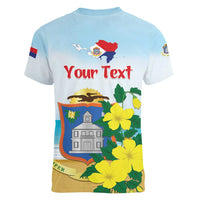 Personalized Sint Maarten Women V-Neck T-Shirt Brown Pelican With Yellow Sage - Wonder Print Shop