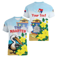 Personalized Sint Maarten Women V-Neck T-Shirt Brown Pelican With Yellow Sage - Wonder Print Shop
