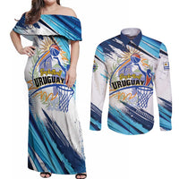 Uruguay Basketball Custom Couples Matching Off Shoulder Maxi Dress and Long Sleeve Button Shirt Charruas Go Champion