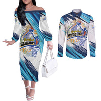 Uruguay Basketball Custom Couples Matching Off The Shoulder Long Sleeve Dress and Long Sleeve Button Shirt Charruas Go Champion