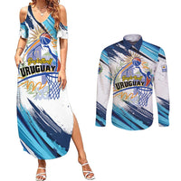Uruguay Basketball Custom Couples Matching Summer Maxi Dress and Long Sleeve Button Shirt Charruas Go Champion