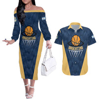 Argentina Basketball Custom Couples Matching Off The Shoulder Long Sleeve Dress and Hawaiian Shirt Go El Alma Argentina