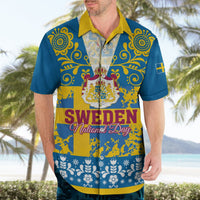 Blue Hawaiian shirt with yellow chest print reading SWEDEN National Day