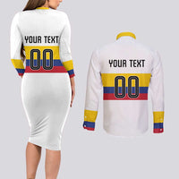 Custom Football 2024 Colombia 100th Anniversary Couples Matching Long Sleeve Bodycon Dress and Long Sleeve Button Shirt Limited Edition