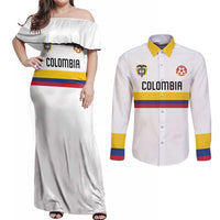 Custom Football 2024 Colombia 100th Anniversary Couples Matching Off Shoulder Maxi Dress and Long Sleeve Button Shirt Limited Edition
