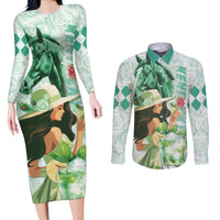 Kentucky Horse Racing Couples Matching Long Sleeve Bodycon Dress and Long Sleeve Button Shirt Fancy Lady With Derby Mint Julep Cocktail - Wonder Print Shop