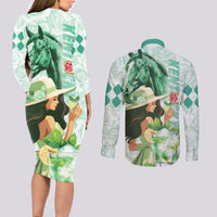 Kentucky Horse Racing Couples Matching Long Sleeve Bodycon Dress and Long Sleeve Button Shirt Fancy Lady With Derby Mint Julep Cocktail - Wonder Print Shop