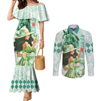 Kentucky Horse Racing Couples Matching Mermaid Dress and Long Sleeve Button Shirt Fancy Lady With Derby Mint Julep Cocktail