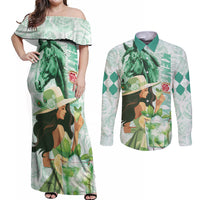 Kentucky Horse Racing Couples Matching Off Shoulder Maxi Dress and Long Sleeve Button Shirt Fancy Lady With Derby Mint Julep Cocktail - Wonder Print Shop