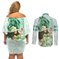 Kentucky Horse Racing Couples Matching Off Shoulder Short Dress and Long Sleeve Button Shirt Fancy Lady With Derby Mint Julep Cocktail - Wonder Print Shop