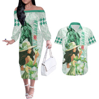Kentucky Horse Racing Couples Matching Off The Shoulder Long Sleeve Dress and Hawaiian Shirt Fancy Lady With Derby Mint Julep Cocktail - Wonder Print Shop