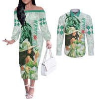 Kentucky Horse Racing Couples Matching Off The Shoulder Long Sleeve Dress and Long Sleeve Button Shirt Fancy Lady With Derby Mint Julep Cocktail