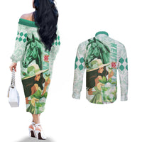 Kentucky Horse Racing Couples Matching Off The Shoulder Long Sleeve Dress and Long Sleeve Button Shirt Fancy Lady With Derby Mint Julep Cocktail