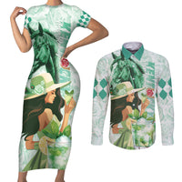 Kentucky Horse Racing Couples Matching Short Sleeve Bodycon Dress and Long Sleeve Button Shirt Fancy Lady With Derby Mint Julep Cocktail - Wonder Print Shop