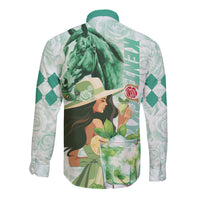 Kentucky Horse Racing Long Sleeve Button Shirt Fancy Lady With Derby Mint Julep Cocktail - Wonder Print Shop