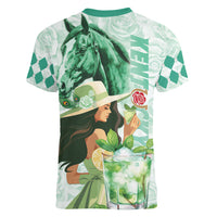Kentucky Horse Racing Women V-Neck T-Shirt Fancy Lady With Derby Mint Julep Cocktail - Wonder Print Shop