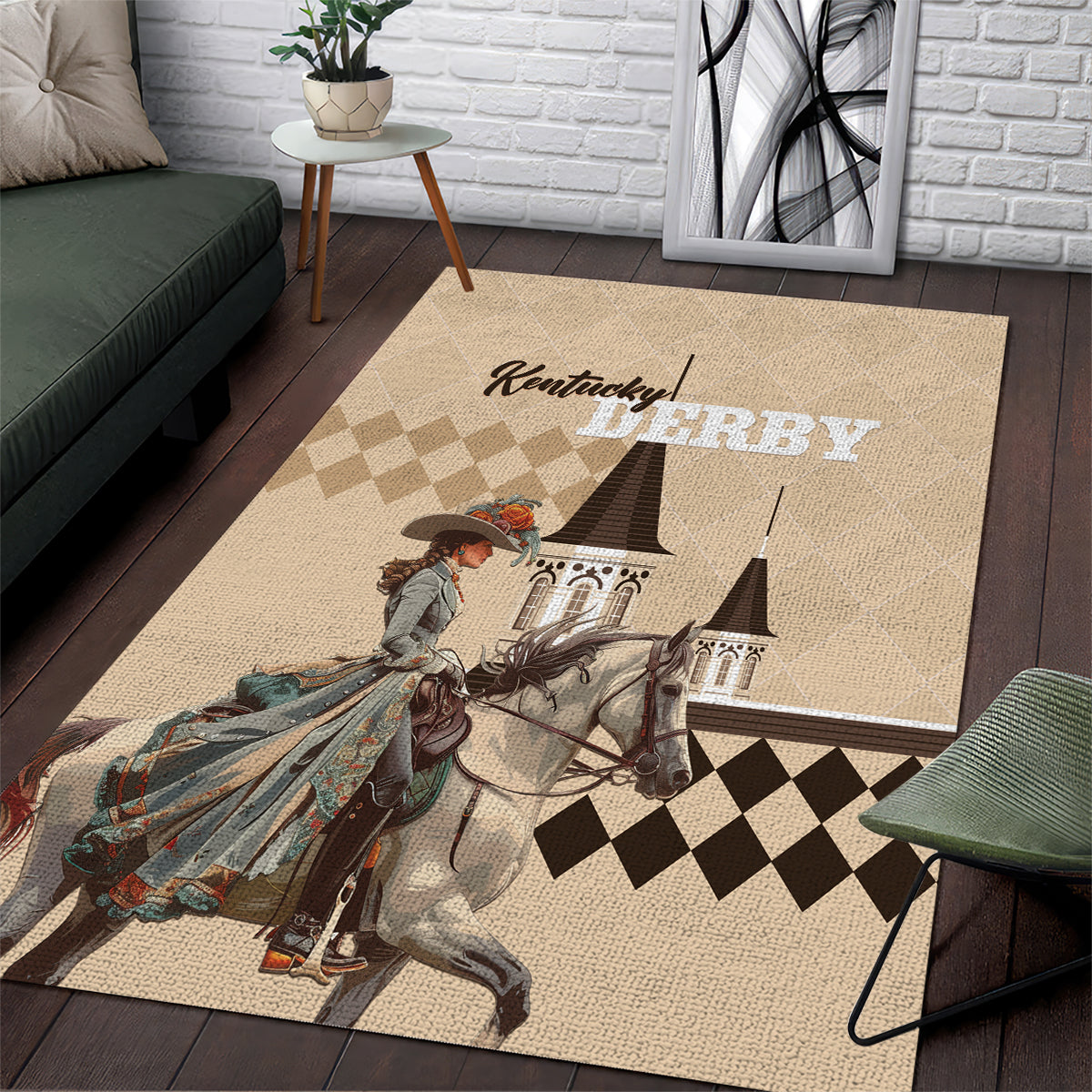 Kentucky Horse Racing Area Rug Derby Lady Riding Horse Twin Spires