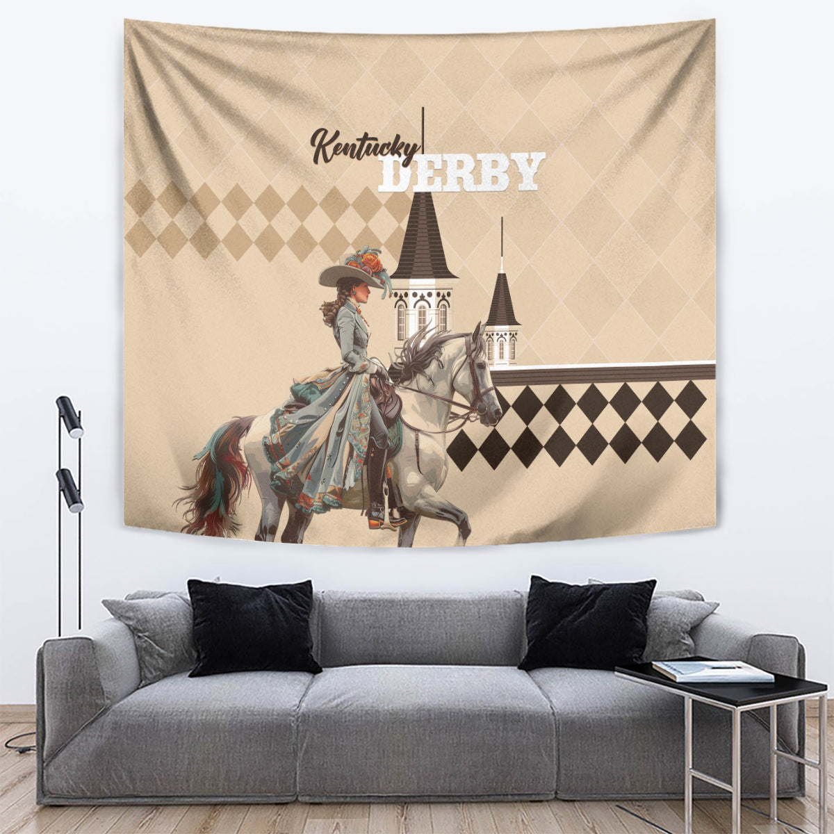 Kentucky Horse Racing Tapestry Derby Lady Riding Horse Twin Spires