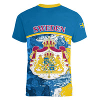 Sweden Women V Neck T Shirt Swedish Lion With Coat Of Arms - Wonder Print Shop