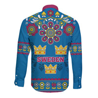 Sweden Long Sleeve Button Shirt Swedish Three Crown Mix Scandinavian Flowers - Wonder Print Shop
