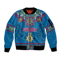 Custom Sweden Sleeve Zip Bomber Jacket Swedish Three Crown Mix Scandinavian Flowers - Wonder Print Shop