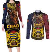 Chad Independence Day 1960 Couples Matching Long Sleeve Bodycon Dress and Long Sleeve Button Shirt Tchad Goat and Lion African Pattern - Wonder Print Shop