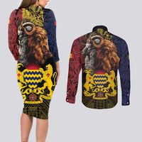 Chad Independence Day 1960 Couples Matching Long Sleeve Bodycon Dress and Long Sleeve Button Shirt Tchad Goat and Lion African Pattern - Wonder Print Shop