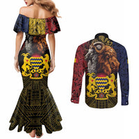 Chad Independence Day 1960 Couples Matching Mermaid Dress and Long Sleeve Button Shirt Tchad Goat and Lion African Pattern
