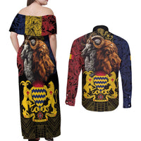 Chad Independence Day 1960 Couples Matching Off Shoulder Maxi Dress and Long Sleeve Button Shirt Tchad Goat and Lion African Pattern - Wonder Print Shop
