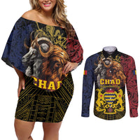 Chad Independence Day 1960 Couples Matching Off Shoulder Short Dress and Long Sleeve Button Shirt Tchad Goat and Lion African Pattern - Wonder Print Shop