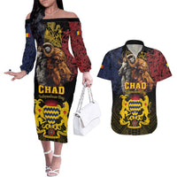 Chad Independence Day 1960 Couples Matching Off The Shoulder Long Sleeve Dress and Hawaiian Shirt Tchad Goat and Lion African Pattern - Wonder Print Shop