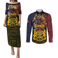 Chad Independence Day 1960 Couples Matching Puletasi and Long Sleeve Button Shirt Tchad Goat and Lion African Pattern - Wonder Print Shop