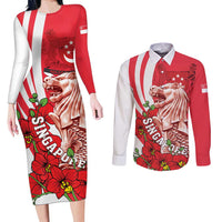 Singapore Couples Matching Long Sleeve Bodycon Dress and Long Sleeve Button Shirt The Merlion With Red Orchid - Wonder Print Shop