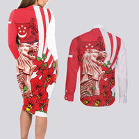 Singapore Couples Matching Long Sleeve Bodycon Dress and Long Sleeve Button Shirt The Merlion With Red Orchid - Wonder Print Shop
