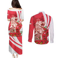 Singapore Couples Matching Puletasi and Long Sleeve Button Shirt The Merlion With Red Orchid - Wonder Print Shop