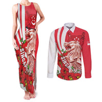 Singapore Couples Matching Tank Maxi Dress and Long Sleeve Button Shirt The Merlion With Red Orchid - Wonder Print Shop