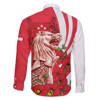 Singapore Family Matching Long Sleeve Bodycon Dress and Hawaiian Shirt The Merlion With Red Orchid - Wonder Print Shop