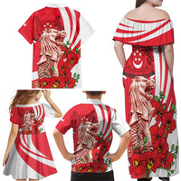 Singapore Family Matching Off Shoulder Maxi Dress and Hawaiian Shirt The Merlion With Red Orchid - Wonder Print Shop