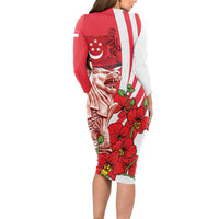 Singapore Long Sleeve Bodycon Dress The Merlion With Red Orchid - Wonder Print Shop