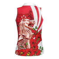 Singapore Women Sleeveless Polo Shirt The Merlion With Red Orchid - Wonder Print Shop