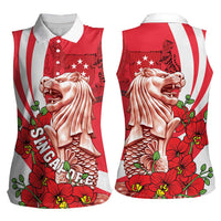 Singapore Women Sleeveless Polo Shirt The Merlion With Red Orchid - Wonder Print Shop