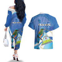 Nicaragua 505 Guardabarranco Couples Matching Off The Shoulder Long Sleeve Dress and Hawaiian Shirt En Dios confiamos - Wonder Print Shop