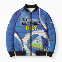 Personalized Nicaragua Independence Day 1821 Bomber Puffer Jacket Plumeria Floral - Wonder Print Shop