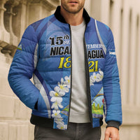Personalized Nicaragua Independence Day 1821 Bomber Puffer Jacket Plumeria Floral - Wonder Print Shop