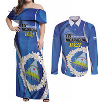 Personalized Nicaragua Independence Day 1821 Couples Matching Off Shoulder Maxi Dress and Long Sleeve Button Shirt Plumeria Floral - Wonder Print Shop