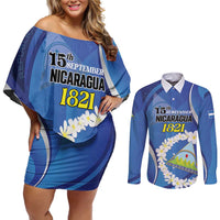 Personalized Nicaragua Independence Day 1821 Couples Matching Off Shoulder Short Dress and Long Sleeve Button Shirt Plumeria Floral - Wonder Print Shop
