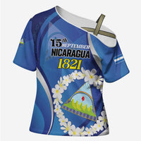 Personalized Nicaragua Independence Day 1821 Cross Shoulder Shirt Plumeria Floral - Wonder Print Shop